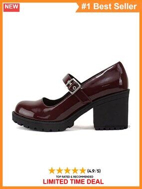 Mary Jane Pump Mid Chunky Block Heel Lug Sole Adjustable Strap